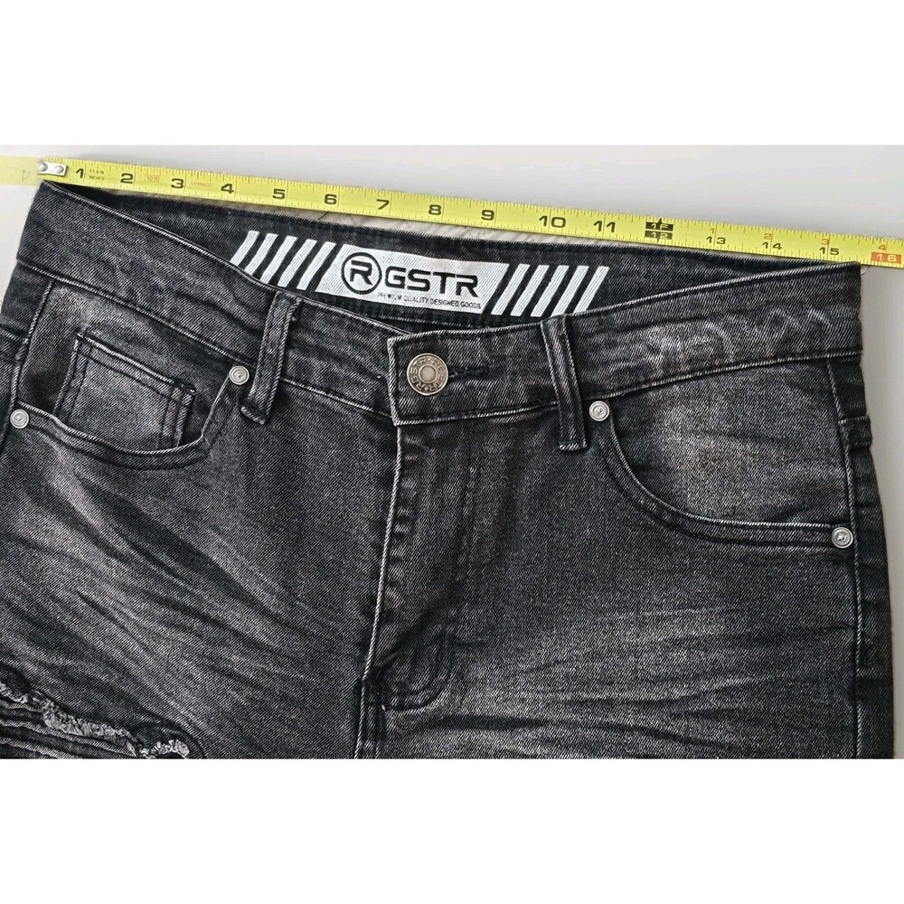 R GSTR Men's Slim Straight Stacked Ripped Patched Jeans Black Size 32 Inseam 28 - Picture 3 of 13